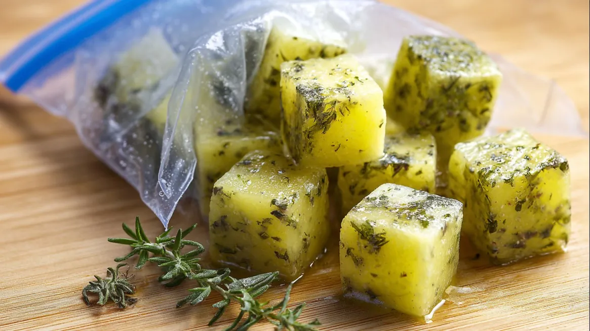 Herb infused olive oil cubes on a cutting board beside a freezer bag and fresh rosemary