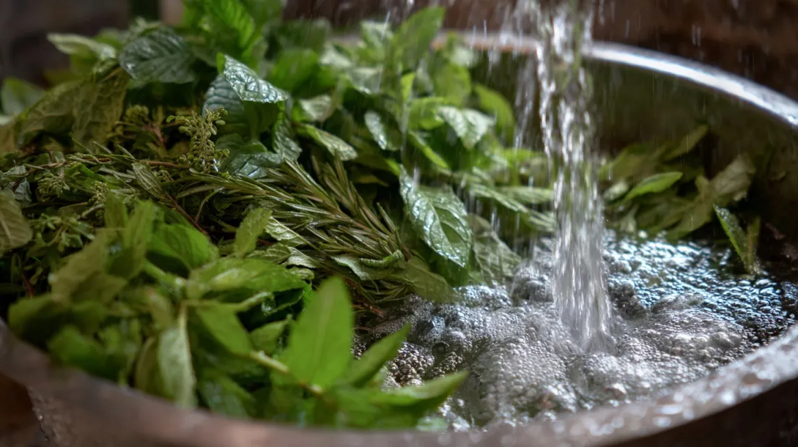 Fresh green herbs being washed in a metal bowl under running water