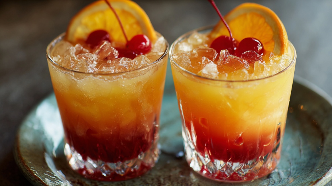 Two glasses of tequila sunrise punch with layered orange and red colors, garnished with orange slices and cherries over ice