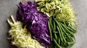 Assorted chopped vegetables including purple cabbage, zucchini, green beans, and shredded cabbage arranged on a surface