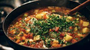 Pot of simmering vegetable soup topped with freshly chopped parsley and mixed vegetables
