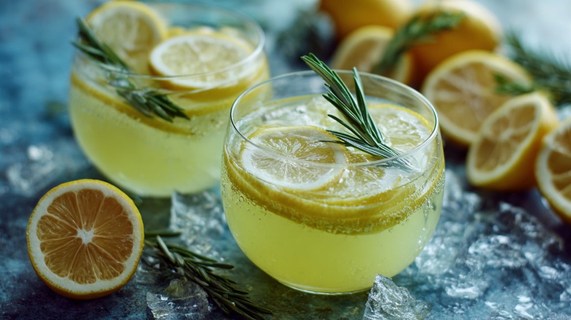 Two glasses of vodka lemonade punch with lemon slices and rosemary sprigs, served over ice with fresh lemons nearby