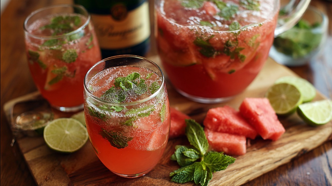 Glasses and pitcher of watermelon mint prosecco punch with lime slices and fresh mint on a wooden board