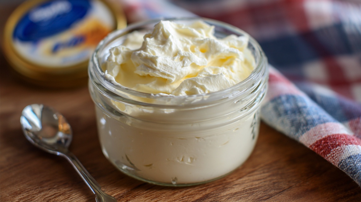 Jar of whipped heavy cream on a wooden surface with a spoon beside it