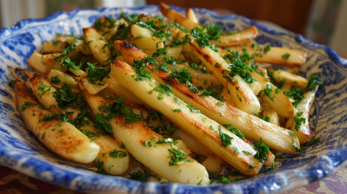 Roasted parsnip sticks garnished with chopped parsley served on a decorative blue plate