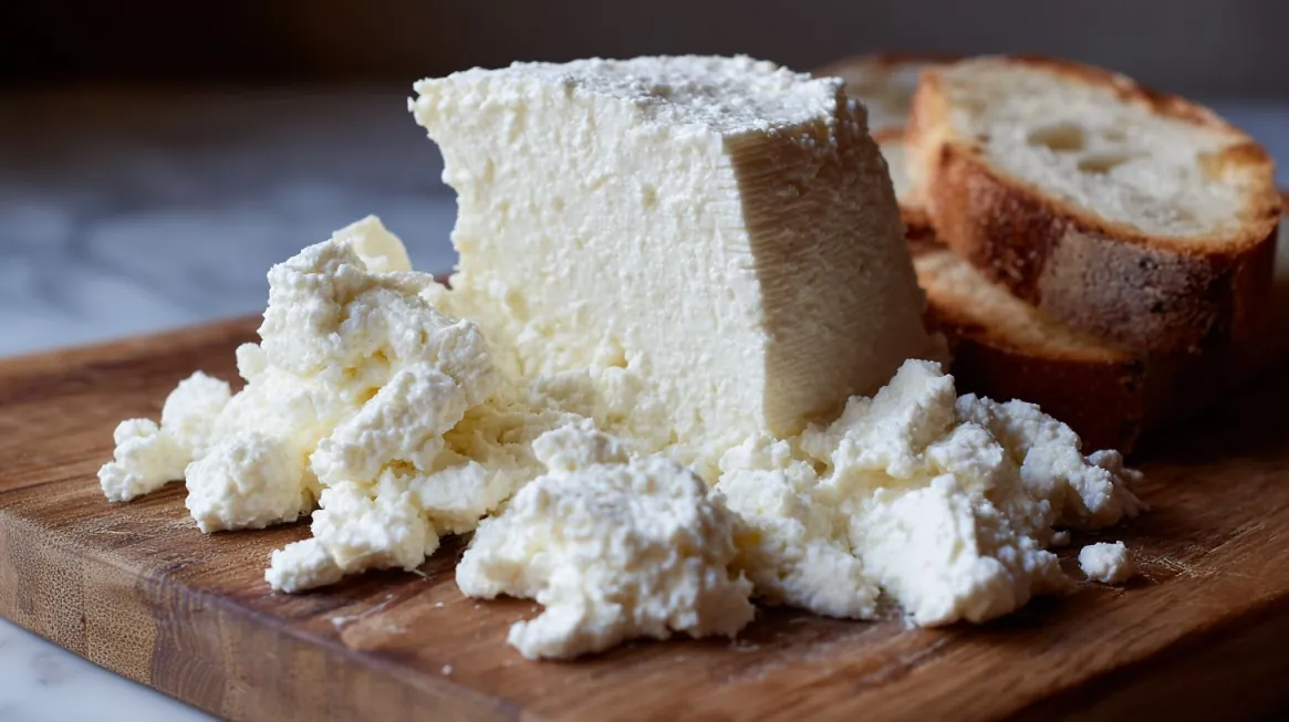 Fresh ricotta cheese on a wooden board with slices of toasted bread