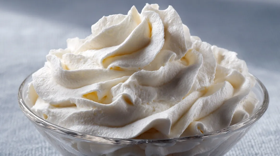 Close up of whipped cream swirled in a glass bowl