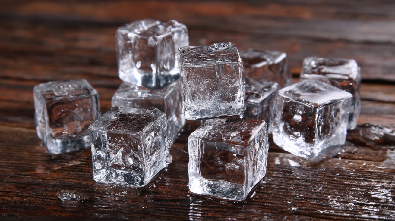Stack of clear square ice cubes melting on a wooden table