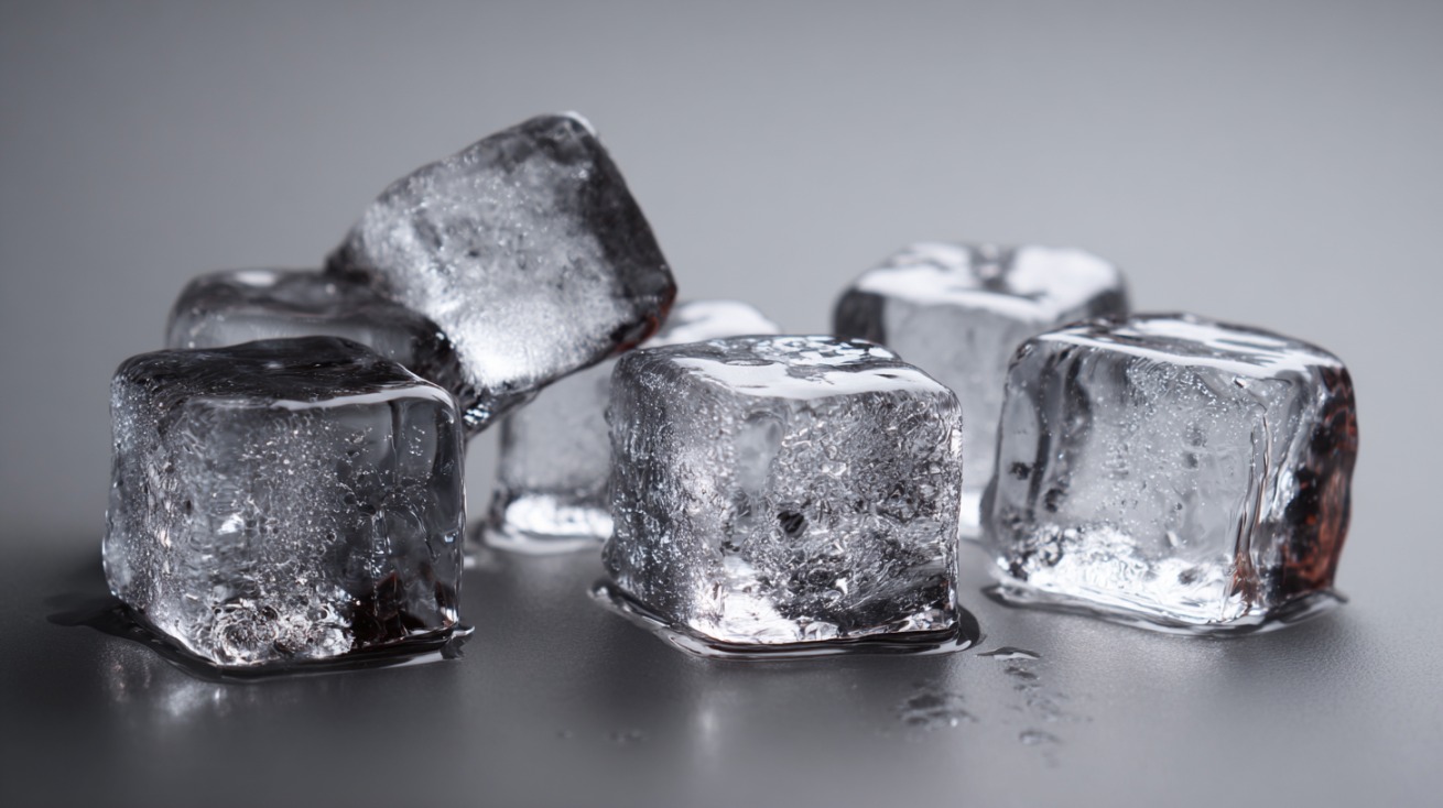 Close up of cloudy ice cubes melting on a smooth surface