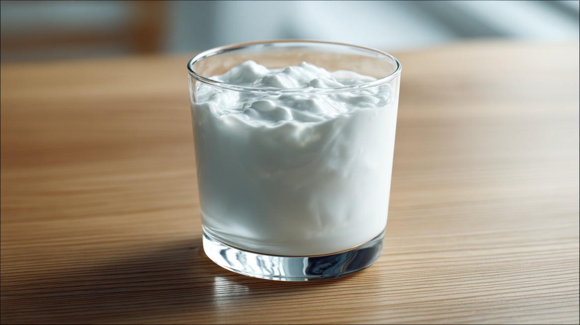 Glass of thick yogurt on a wooden surface