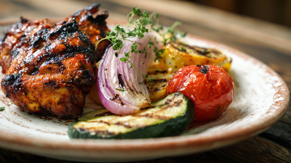 Plate of barbecue chicken with grilled zucchini, tomato, and onion