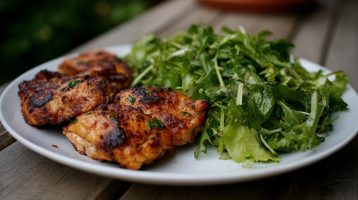 Plate of grilled chicken pieces served with leafy green salad