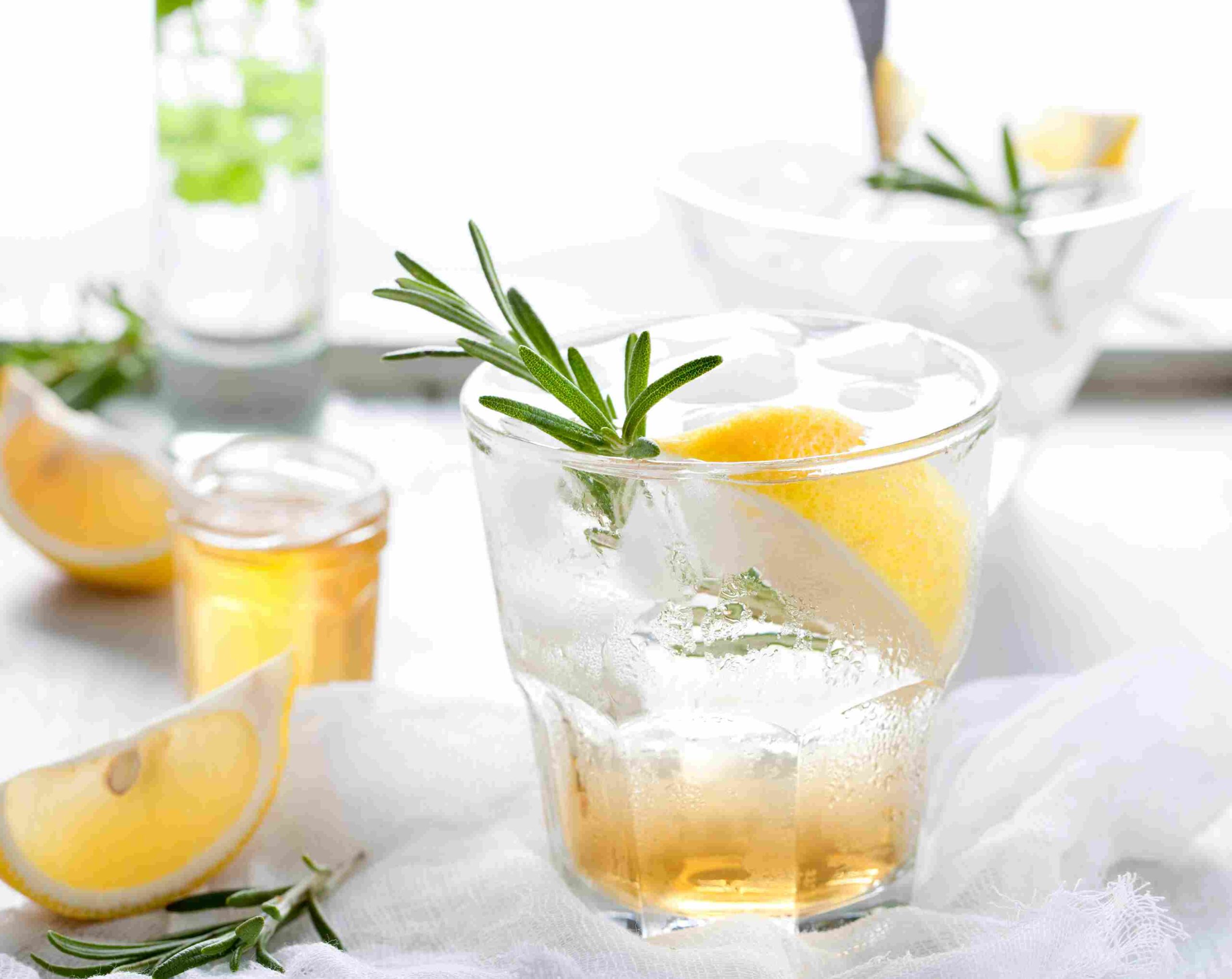 Glass of a clear drink with lemon slice and rosemary garnish on a bright table