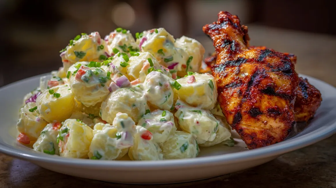 Plate with barbecue grilled chicken leg and potato salad with herbs and vegetables