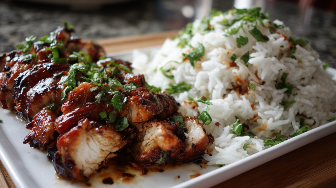 Plate of glazed barbecue chicken with white rice garnished with chopped herbs
