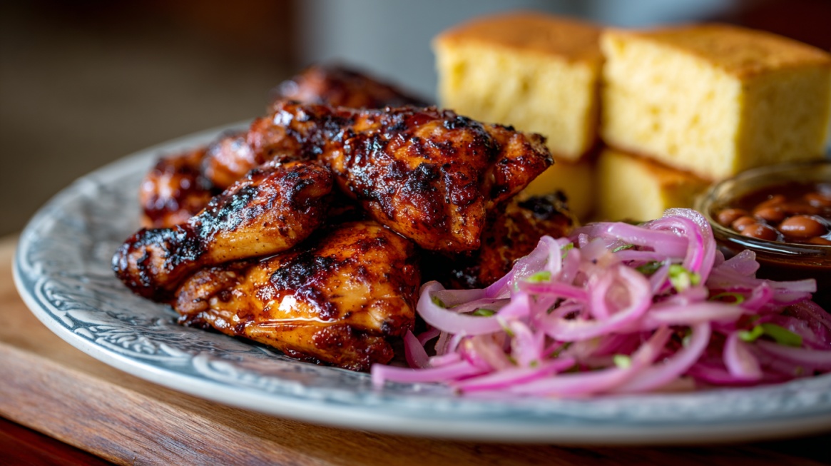 Plate of glazed barbecue chicken with cornbread, baked beans, and pickled onions