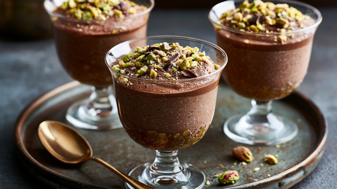 Three glasses of chocolate phirni garnished with chopped pistachios, almonds, and chocolate shavings on a serving tray